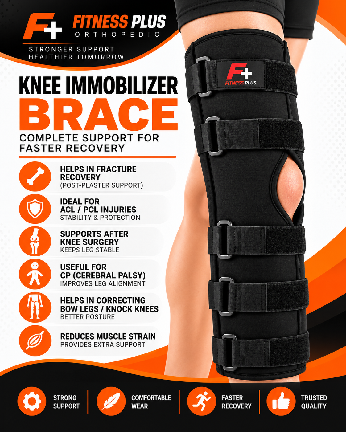 Fitness Plus Knee Immobilizer Brace – 5-Strap Metal Support Knee & Leg Brace