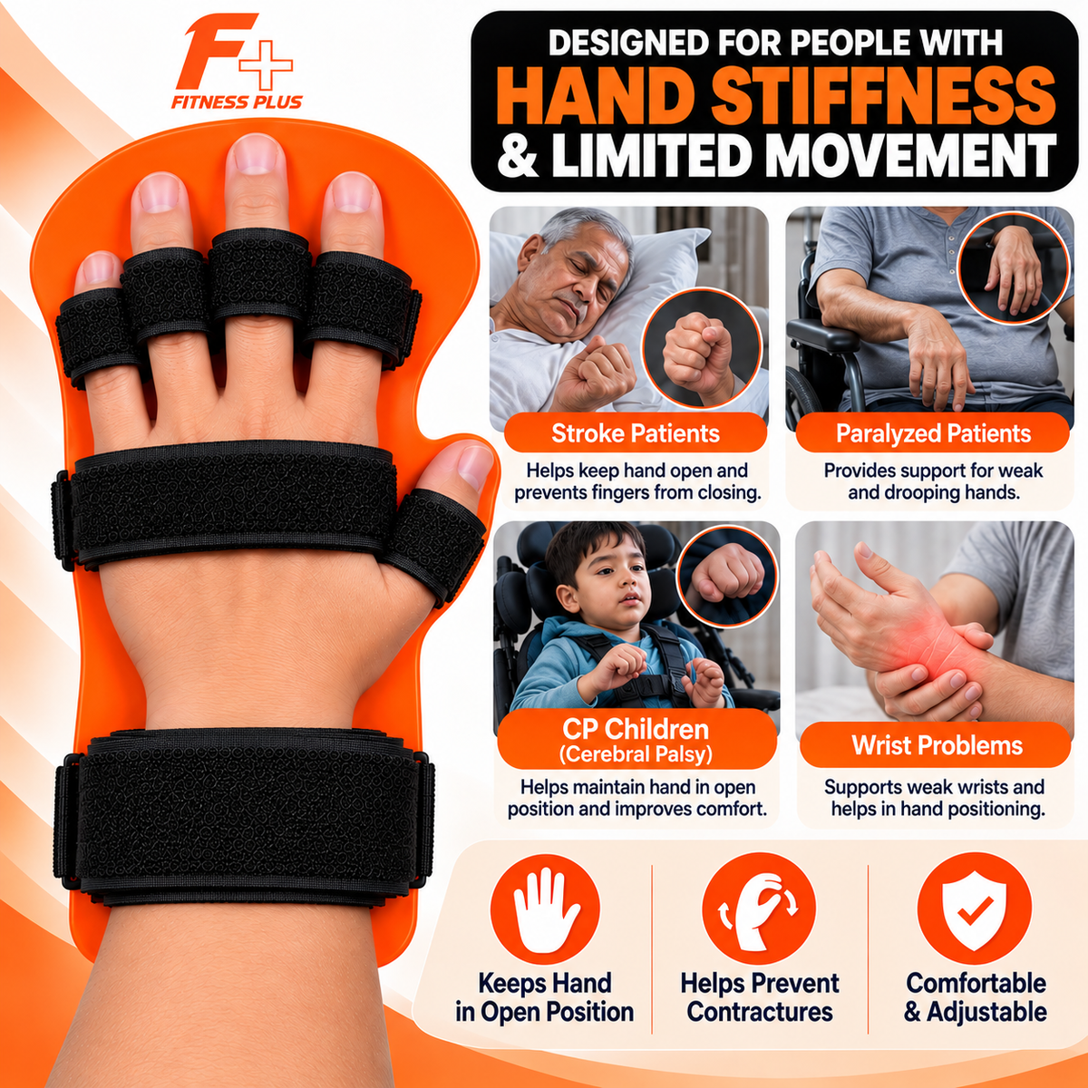 Fitness Plus Hand Immobilizer Brace for Stroke, CP, Paralysis & Wrist Support
