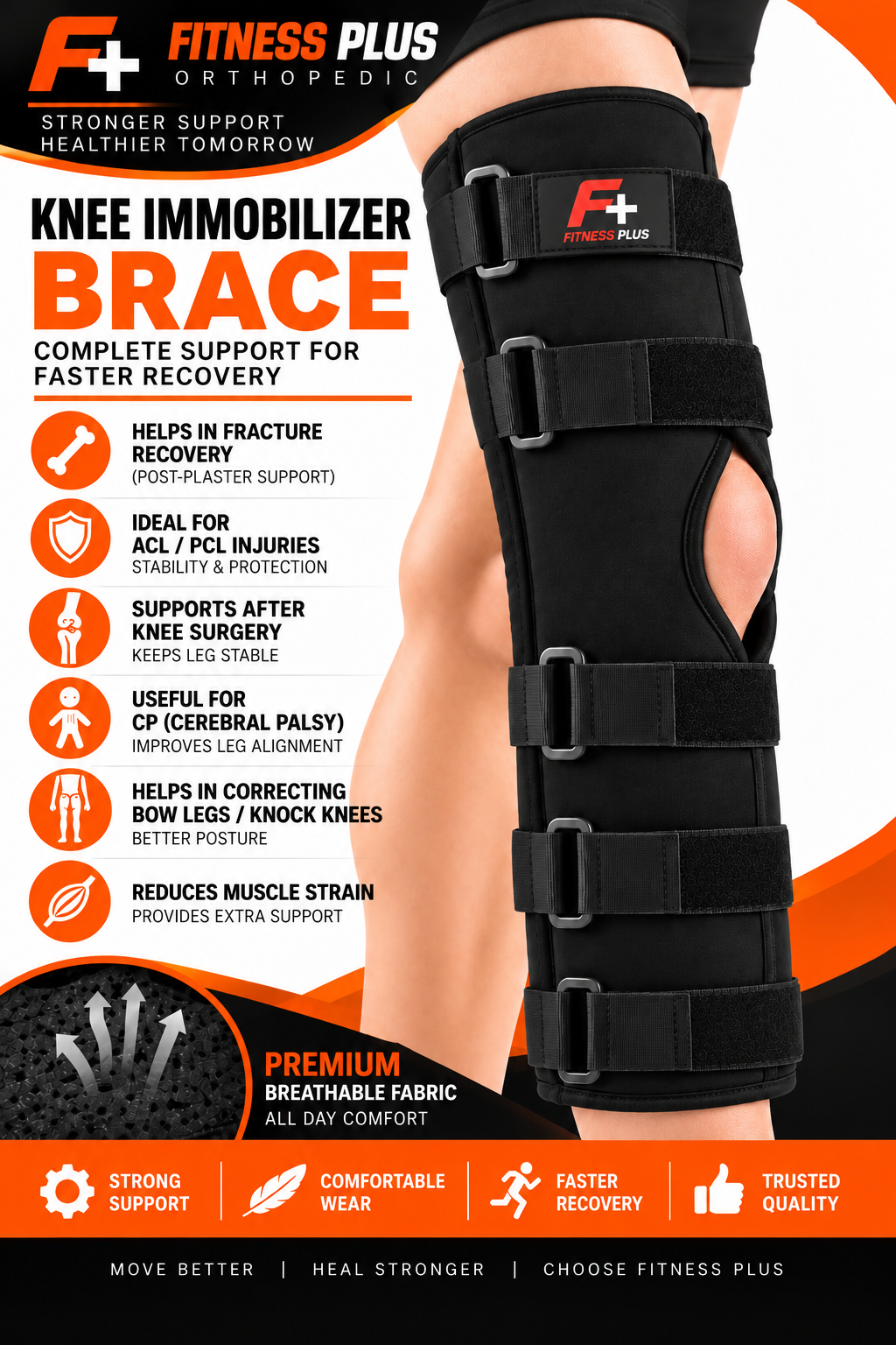 Fitness Plus Knee Immobilizer Brace – 5-Strap Metal Support Knee & Leg Brace