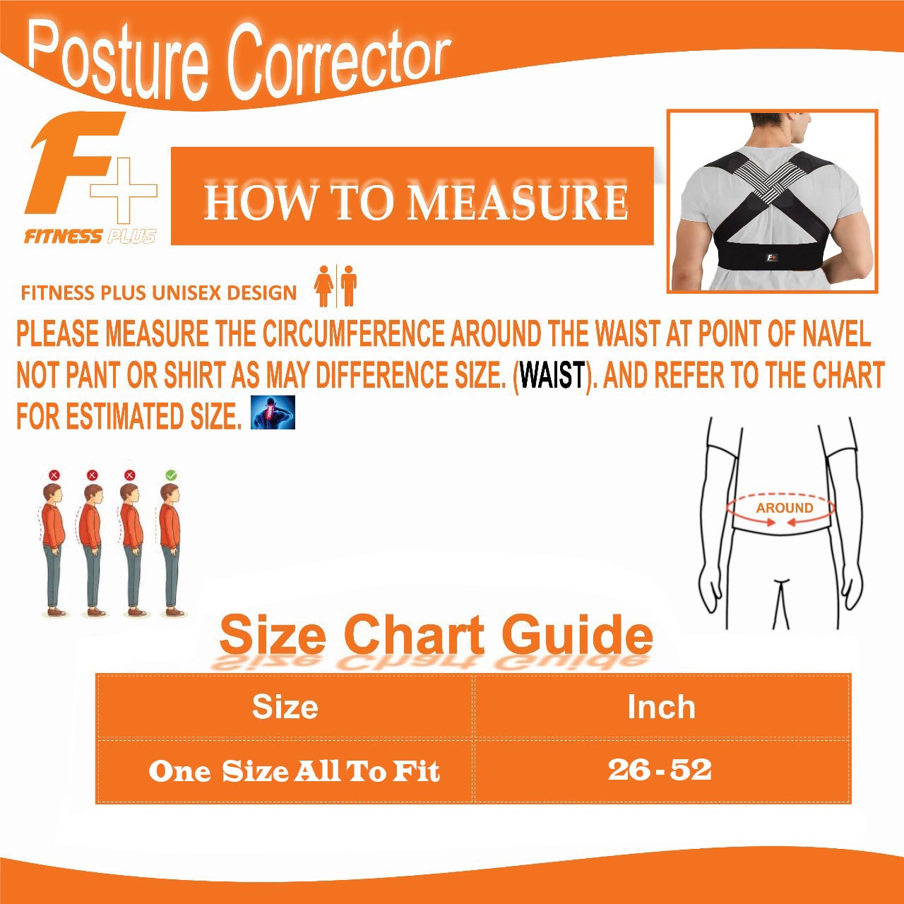 F+ Posture Corrector ( 1-Size All Fit ) Posture Belt For Full Back Support