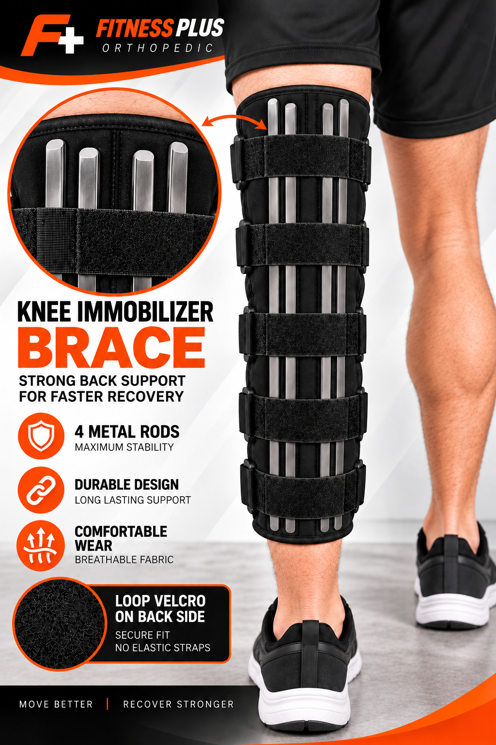 Fitness Plus Knee Immobilizer Brace – 5-Strap Metal Support Knee & Leg Brace