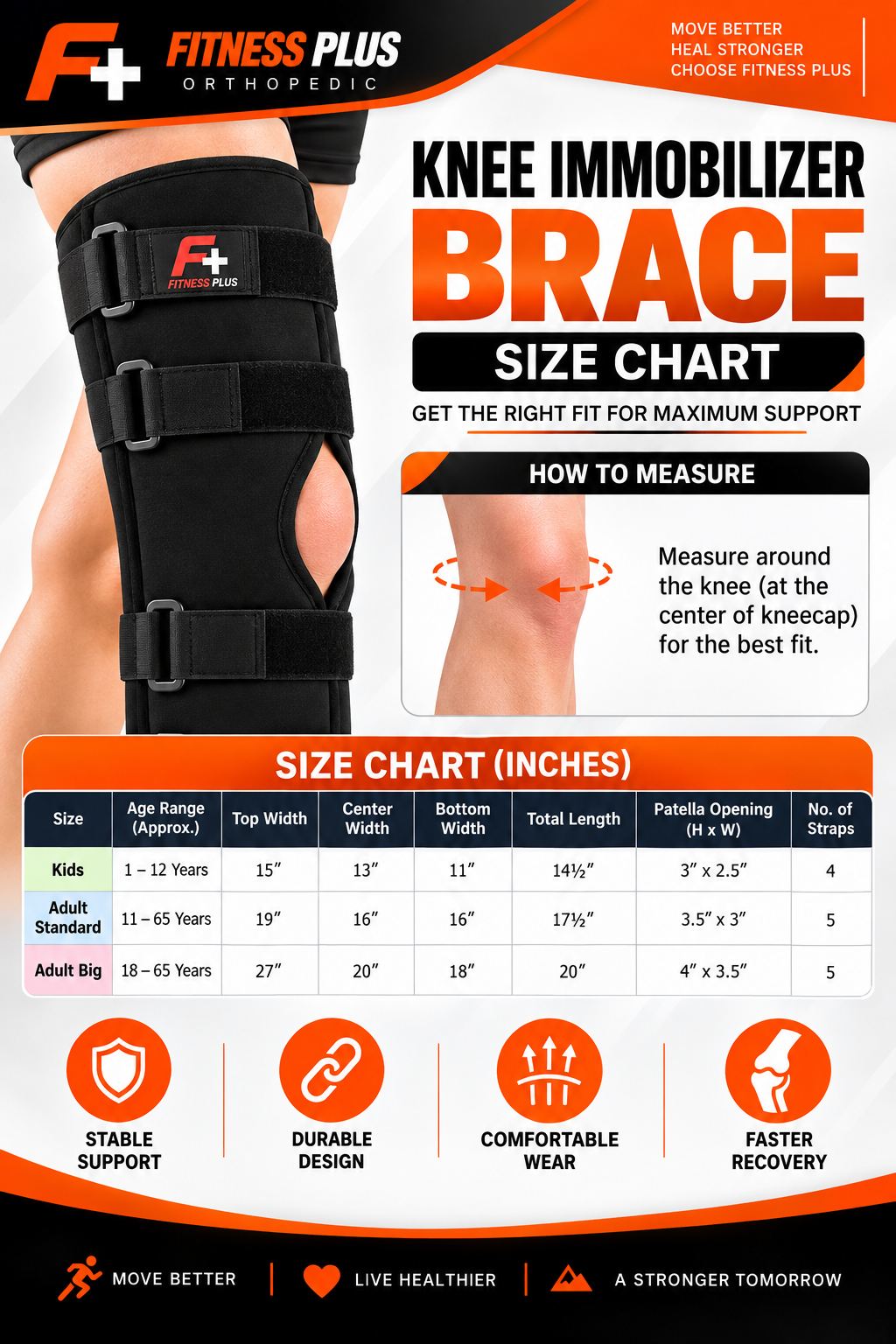 Fitness Plus Knee Immobilizer Brace – 5-Strap Metal Support Knee & Leg Brace