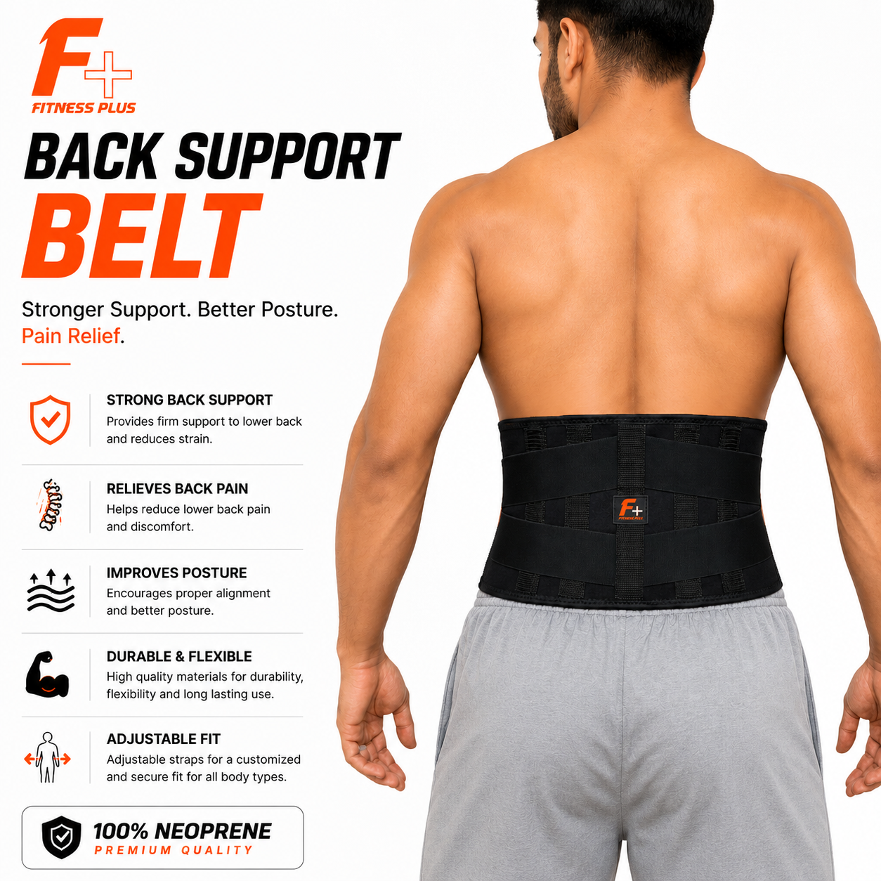 Fitness Plus Back Support Belt  – Lumbo Sacral Belt For Back Pain, Made With 100% Nylon 4mm Neoprene