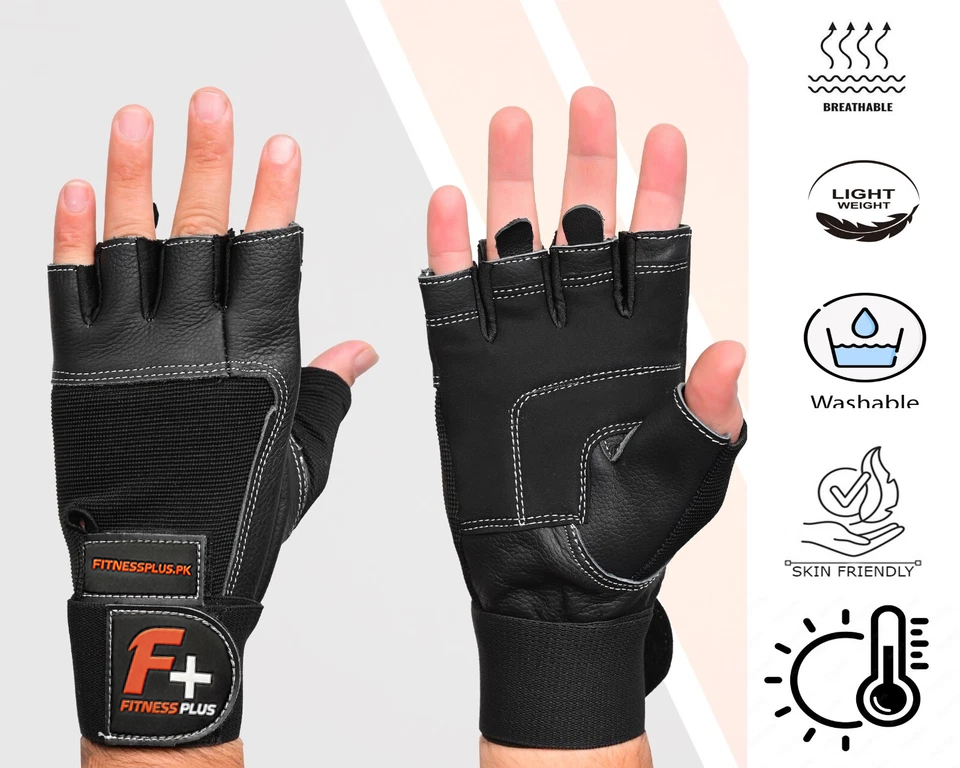 Fitness Plus Leather Gym Gloves with Wrist Support| No Slip Weight Lifting Gloves